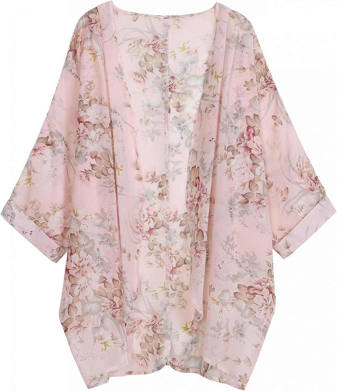 olrain Women's Floral Print Sheer Chiffon Loose Kimono Cardigan Capes