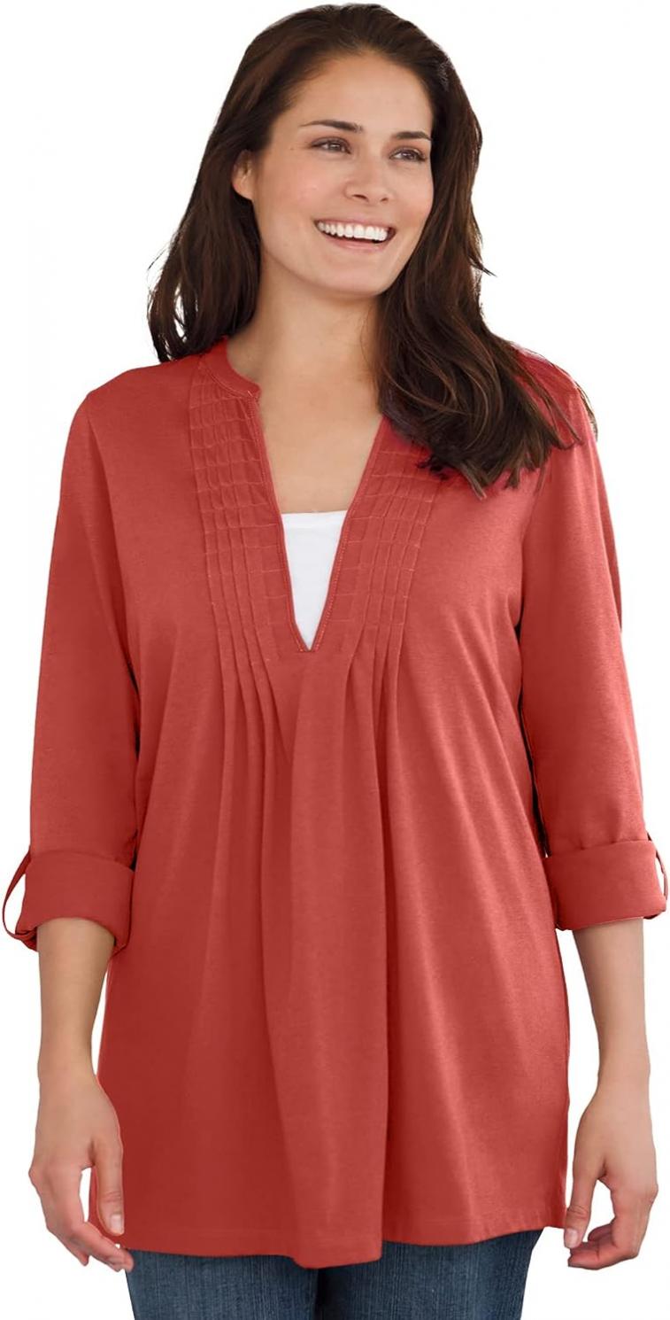 Woman Within Women's Plus Size 7-Day Box-Stitched Split Neck Tunic