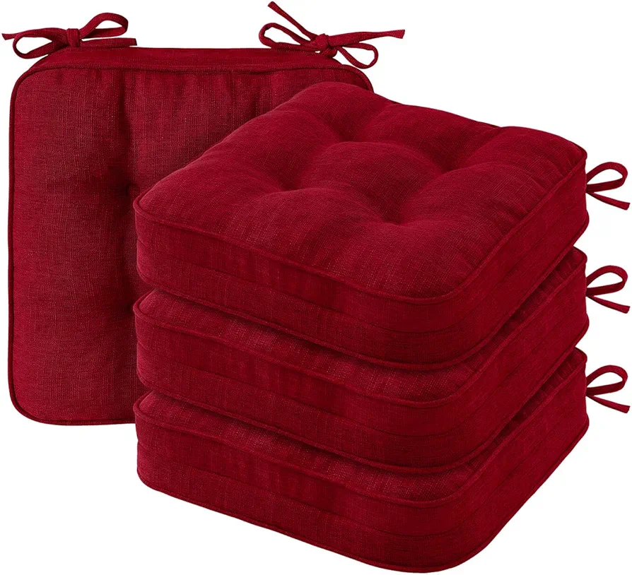 Indoor Chair Cushions for Dining Chairs, 16.5" x 16.5" Non-Slip Kitchen Seat Cushions with Adjustable Ties, Memory Foam Chair Pads for Dining Chairs, Burgundy (Set of 4)