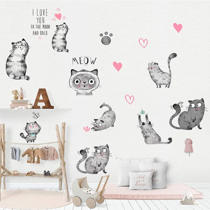 Cartoon Cats Wall Decals - MAIYU 9 Cute Kittens with Butterfly Heart Paw Print Wall Stickers for Kids Bedroom Living Room Nursery Home Decorations