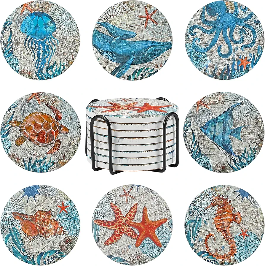 8 Pieces Stone Coasters with Holder for Drinks, Cork Base Ocean Beach Theme Tropical, for Housewarming, Apartment Kitchen Room Bar Decor, Funny Birthday, Wooden Table