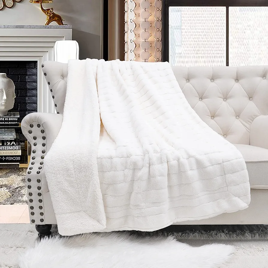 Home Soft Things Super Mink Faux Fur Throw, 60'' x 80'', Bright White, Luxurious Fluffy Cozy Elegant Throw with Sherpa Backing Fuzzy Throw for Couch Living Room Bedroom Home Décor