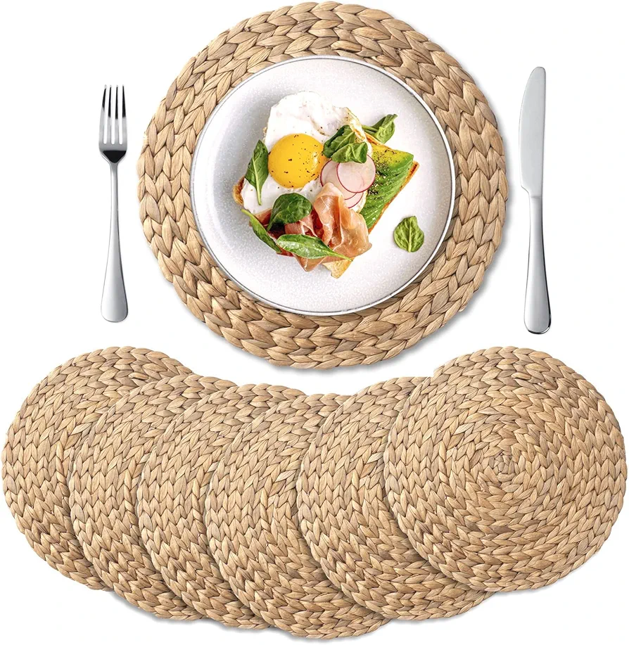 6 Pack, Round Woven Placemats, Natural Water Hyacinth Place mats, Braided Straw Table Mats for Dining Table (13.8 inch)