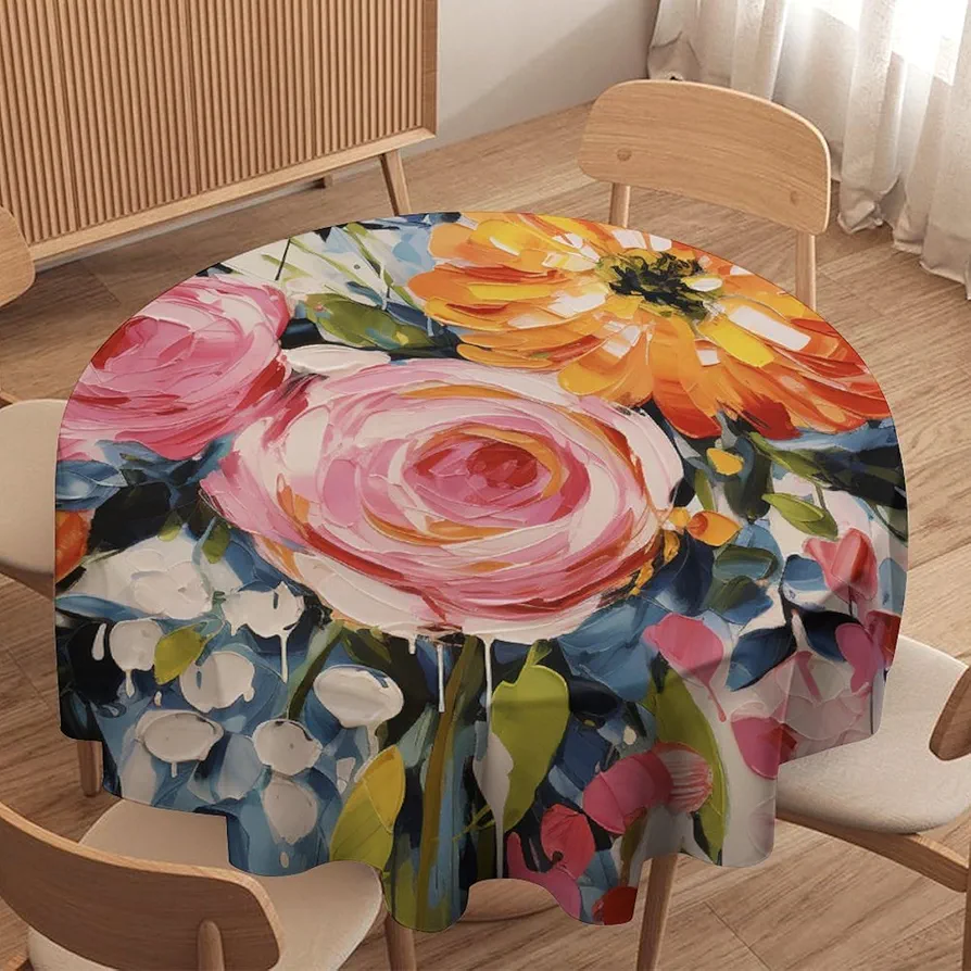 Chinoiserie Pink Rose Daisy Floral Round Tablecloth Dorm Decor Colourful Painting Asian Table Cloth 60x60in Table Cover Outdoor Polyester Table Decor for Dining Room Party Picnic