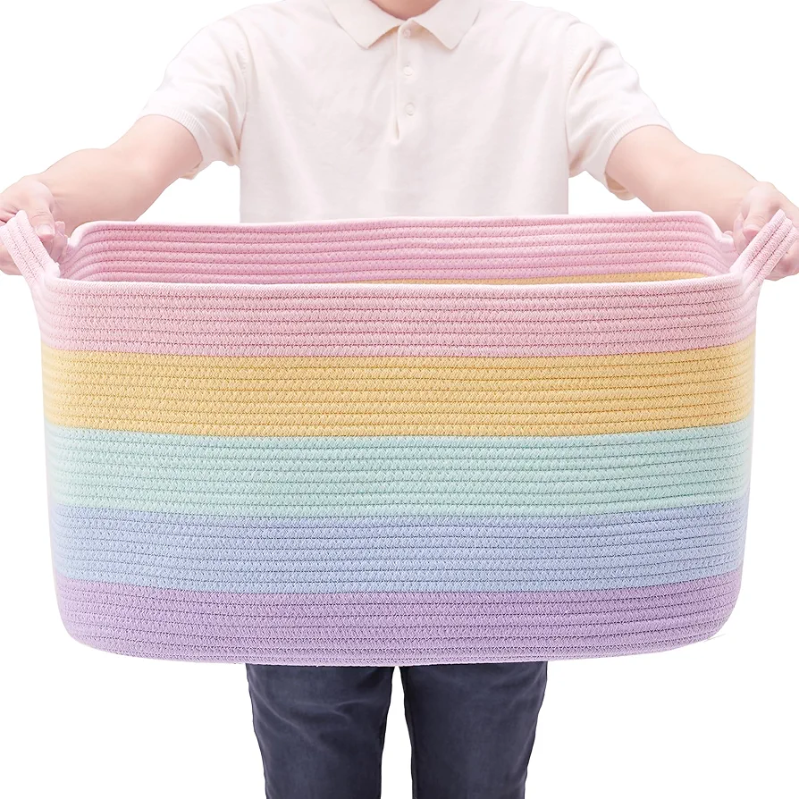 Extra Large Storage Basket for Girls Kids, 22"x16"x12" Rainbow Woven Storage Box, Laundry Basket for Cloth, Blanket Basket for Living Room-70L