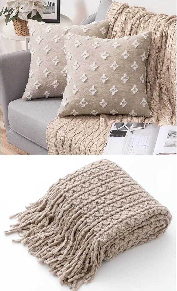 MIULEE Set of 2 Decorative Throw Pillow Covers Rhombic Jacquard Pillowcase Soft Cushion Case for Couch Sofa Bed Bedroom Living Room, 18x18 Inch, Beige Bundle Knit Throw Blanket 50x60 inch