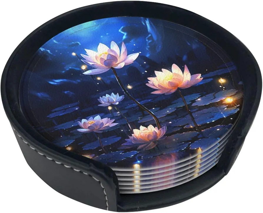 Night Flowers Print Leather Coasters Set of 6 Waterproof Heat-Resistant Drink Coasters Round Cup Mat with Holder for Living Room Kitchen Bar Coffee Decor