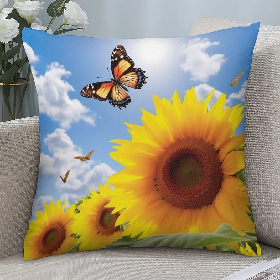 Throw Pillow Covers 14"x14" Spring Sunflower Butterfly Pillow Covers Decorative Square Pillowcases Soft Cozy Cushion Cases for Couch Sofa Bed Bedroom Living Room