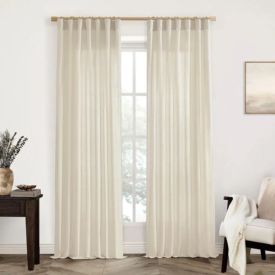 XTMYI Tan Beige Curtains 84 Inches Long for Living Room,Sheer Linen Hooks Pleated Back Tab Light Filtering Semi Opaque Curtains for Bedroom,Set of 2 Panels