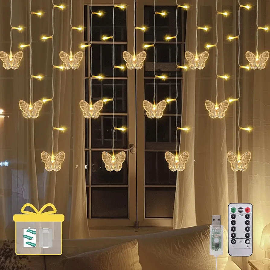 Dailyart Butterfly String Lights, 150 LED 20.9FT Butterfly Curtain Lights 8 Modes USB Power with Remote Control Butterfly Decorations for Bedroom, Room, Wall, Party, Ceiling, Wedding, Christmas