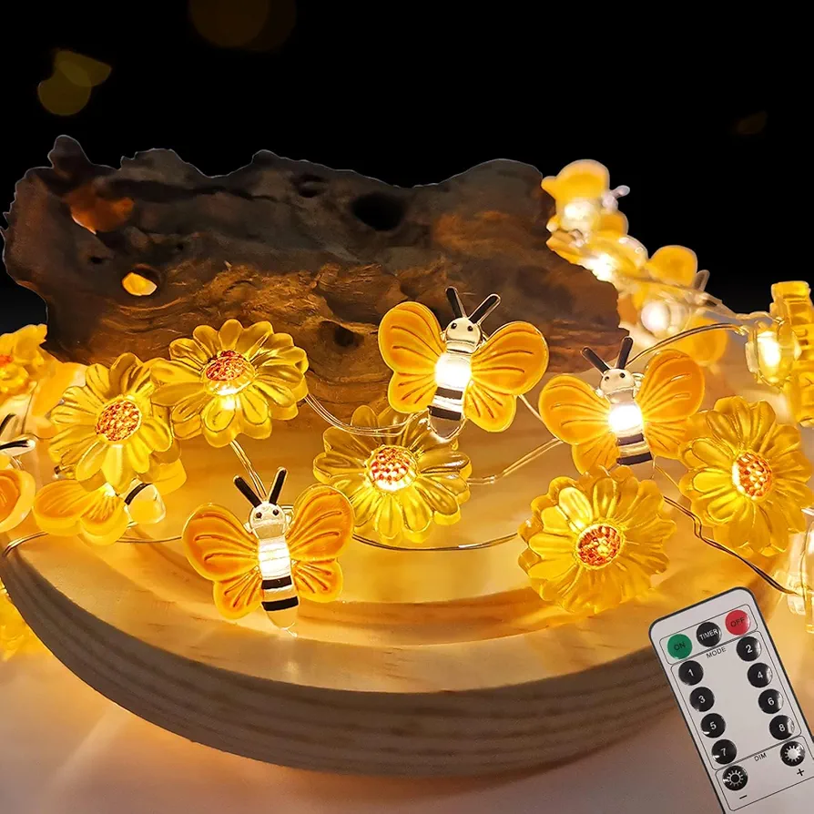 2 Set Bee Decor String Lights, 10FT 30LED Timer Remote Spring Fairy Lights USB & Battery Operated, Honeybee Sunflower Lights for Room Plants Patios Wedding Xmas Party Indoor Outdoor Decor Girls Gift