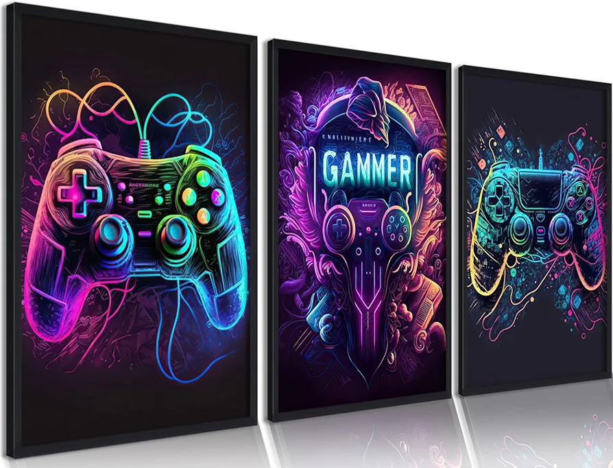 Riveda Poster Set of 3 for Gaming Wall Art, Boys Room Decor, 12"x16", Unframed, Game Handle Theme, Home Decor