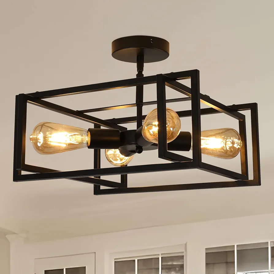 DELIPOP Semi Flush Mount Ceiling Light, 4-Light Black Farmhouse Industrial Ceiling Light Fixtures with Square Metal Frame Light Fixtures Ceiling Mount for Kitchen, Dining Room, Living Room, Bedroom