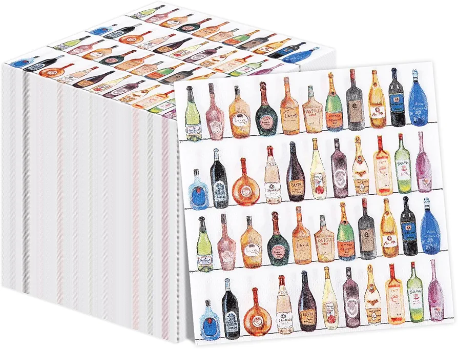 50 Pack Wine Shelves Cocktail Napkins Disposable Paper Party Napkin Pack champagne Bottle Hand Napkin Wedding Anniversary Holiday Tea Room Party Bridal Shower Decorative Towels,5" x 5"