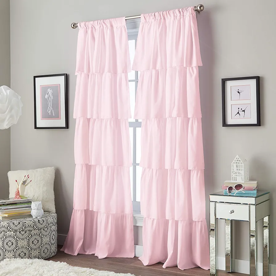 Flounced Ruffle Rod Pocket Curtain Panel, 63 inch, Pink, 1 Panel