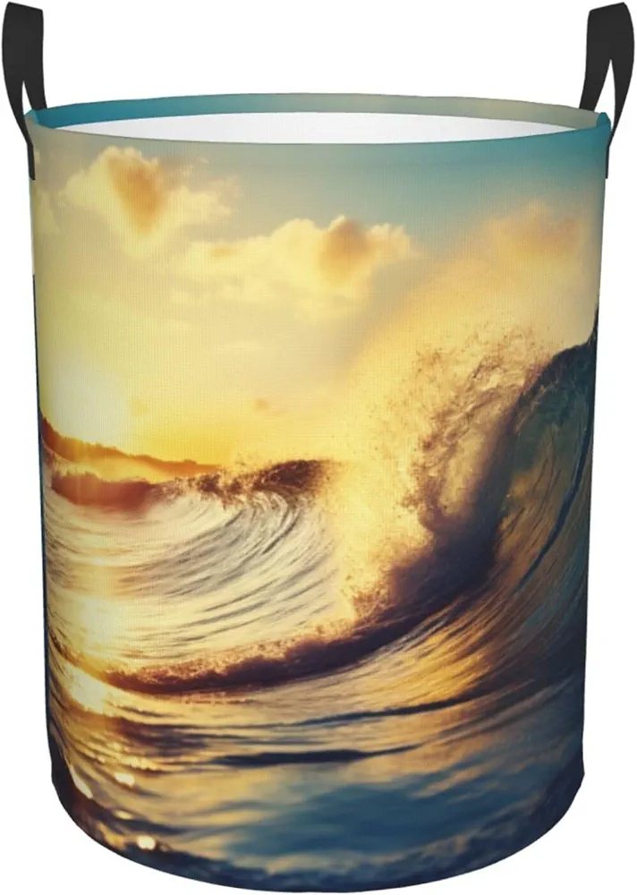 Laundry Baskets with Handles Waterproof Small inches Storage Basket, Collapsible Laundry Hampers, Laundry Room Organization & Apartment Essentials - Sunset Sea Surfing Seascape