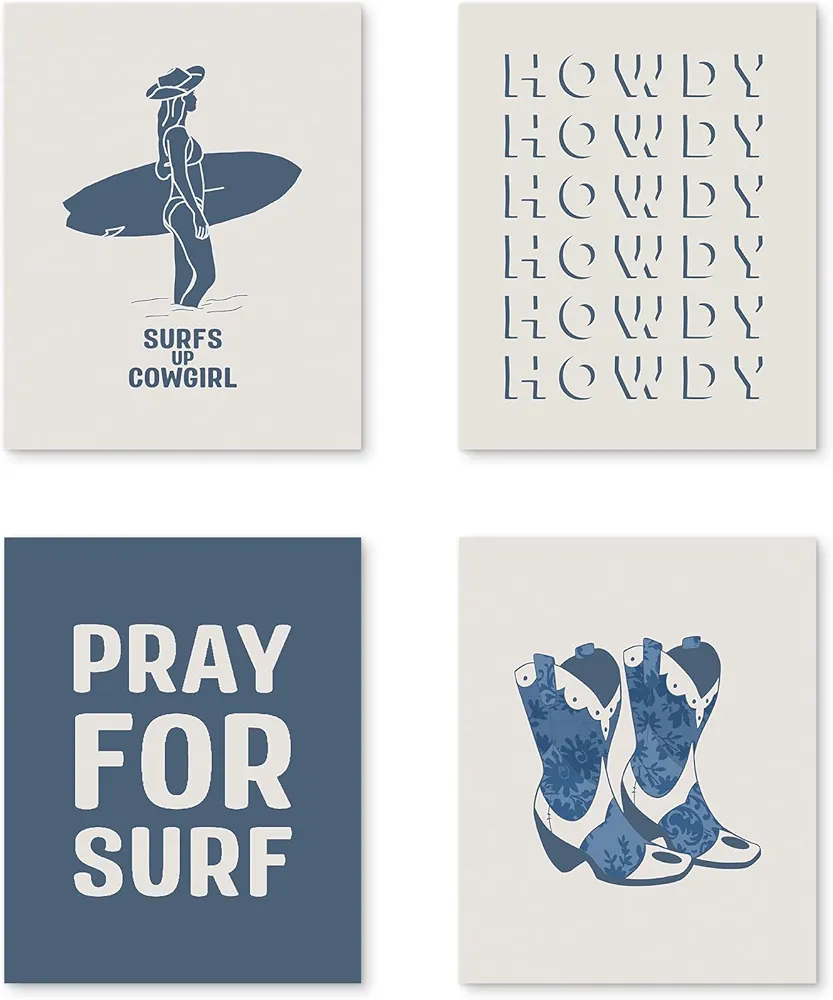 PUHEI Coastal Cowgirl Wall Art Prints Set of 4, Blue Preppy Wall Posters Decor for Beach House Girl Room, Blue Pray for Surf Western Howdy Cowgirl Boots Poster Prints (8 x 10 Inches Unframed)