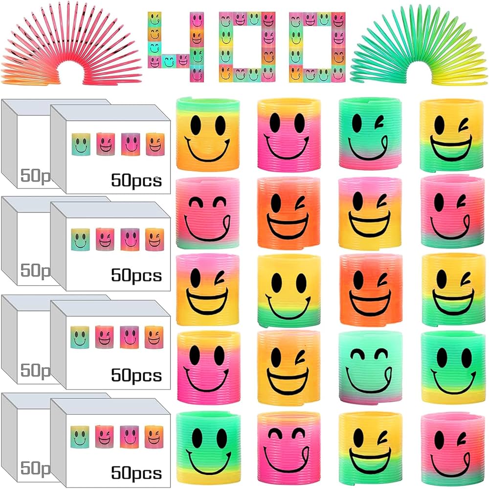 AZEN 400 Pcs Mini Spring (4 Packsges) Party Favors for Kids 3-5 4-8, Goodie Bags Stuffers for Birthday Party, Classroom Prizes Kids Prizes, Small Bulk Toys Gifts (4 Smile)