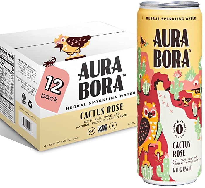 Cactus Rose Herbal Sparkling Water by Aura Bora, 0 Calories, 0 Sugar, 0 Sodium, Non-GMO, 12 oz Can (Pack of 12)