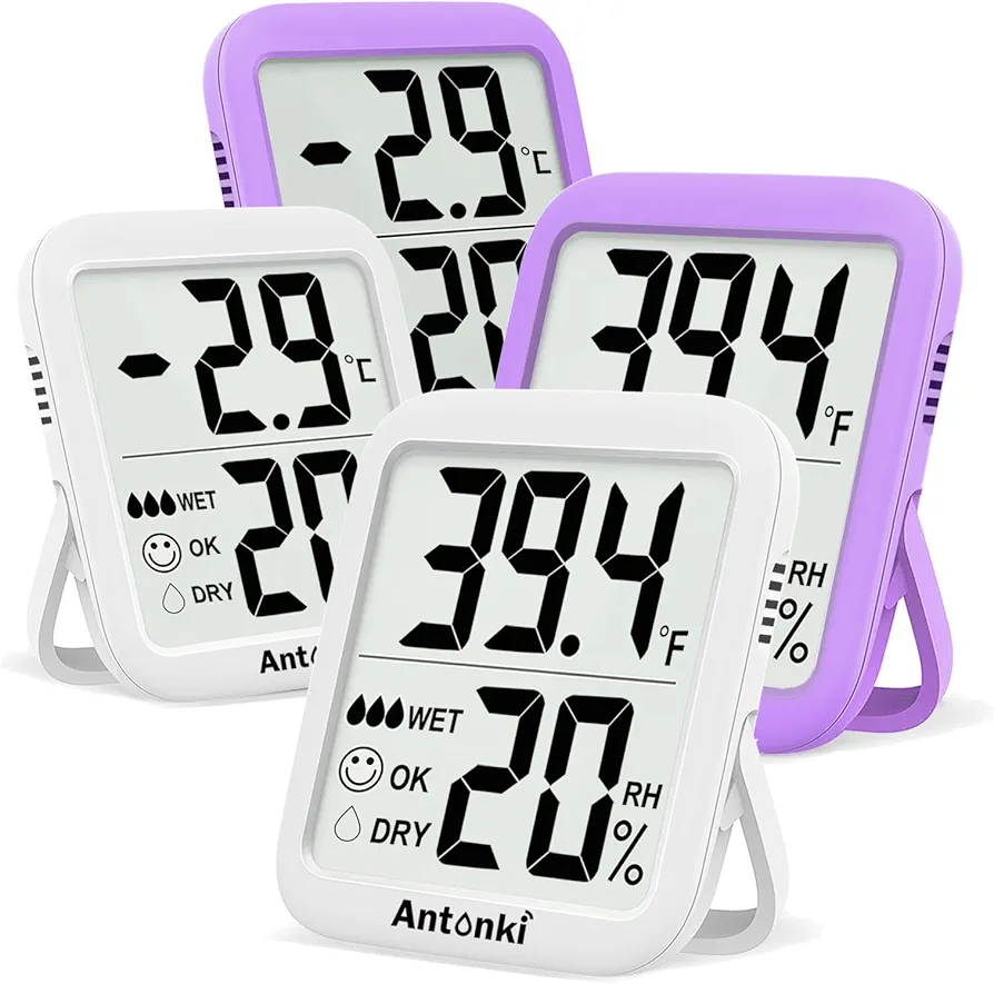 Pack of 4 Room Thermometer Indoor Hygrometer, Humidity Gauge, Humidity Meter, Digital Temperature and Humidity Monitors for Home, Baby Room, Terrarium, Incubator - 4 Pack (2 White+2 Purple)