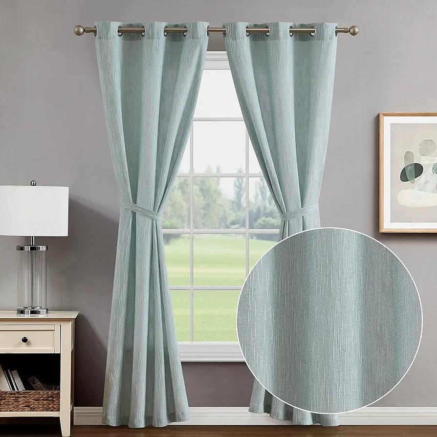 Creative Home Ideas Semi Sheer Curtains (2 Panels, 38" x 84", Aqua) Light Filtering Curtain Panel Pair with Tiebacks - Jorja Window Curtains for Bedroom, Living Room - Heavyweight Woven Drapes