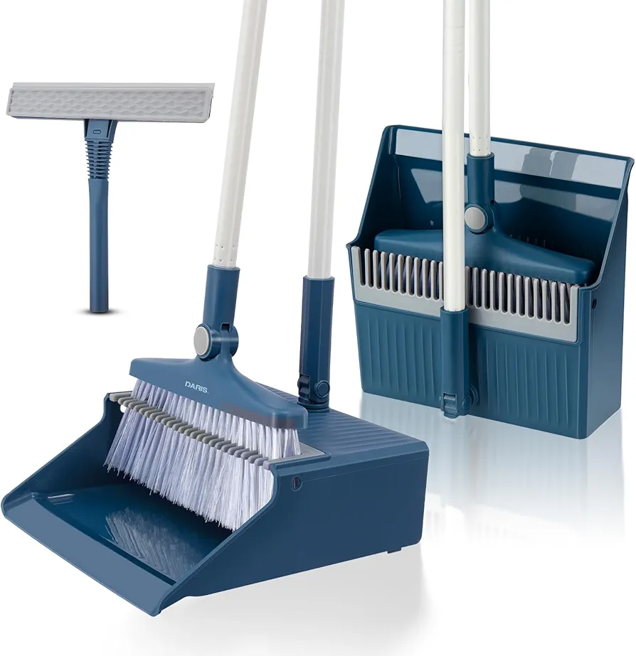 DARIS Broom and Dustpan Set & Window Brush with Cleaning Agent, Adjustable Sweep Set for Room Kitchen Office, Extendable Broom and Foldable Dustpan with Teeth Comb