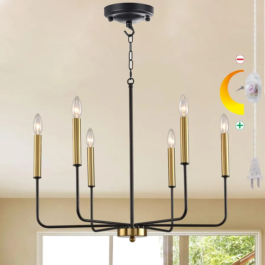 DIMMABLE Plug in Chandelier with Cord 25.6", Black and Gold 6 Light Modern Farmhouse Chandelier for Dining Room, Rustic Retro Hanging Ceiling Lighting Pendant Light Outdoor Gazebo Porch Bedroom