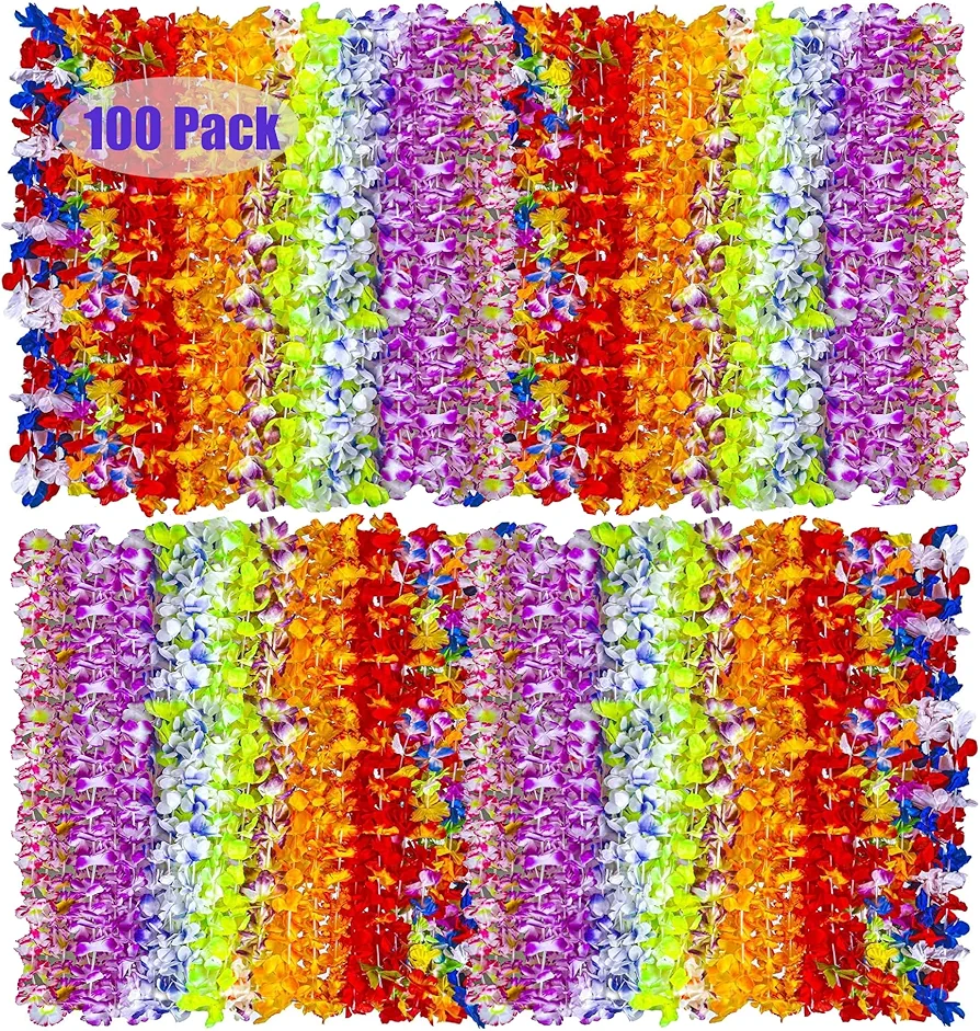 Hawaiian Leis 100pcs, Luau Birthday Party Decorations, Hawaiian Necklace Silk Flower leis for Luau Beach Birthday Party Decorations and Party Supplies