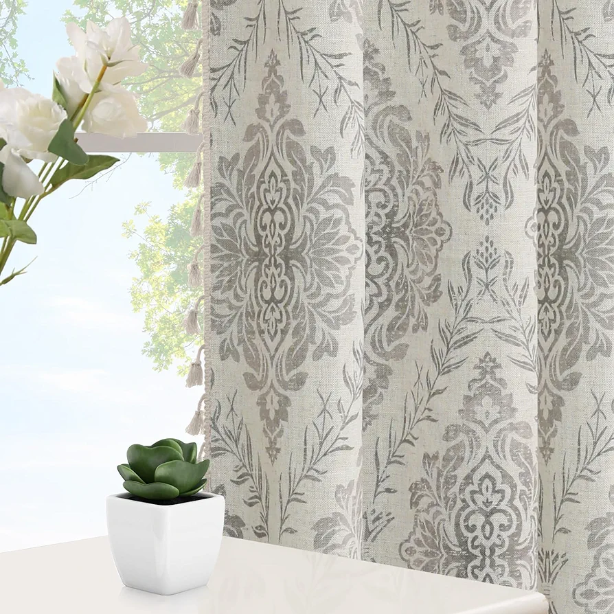 ColorBird Gray Linen Curtains for Living Room,Vintage Grommet 84 Inch Length 2 Panels Set Dining Room Curtains, Farmhouse Damask Pattern Light Filtering Drapes for Bedroom