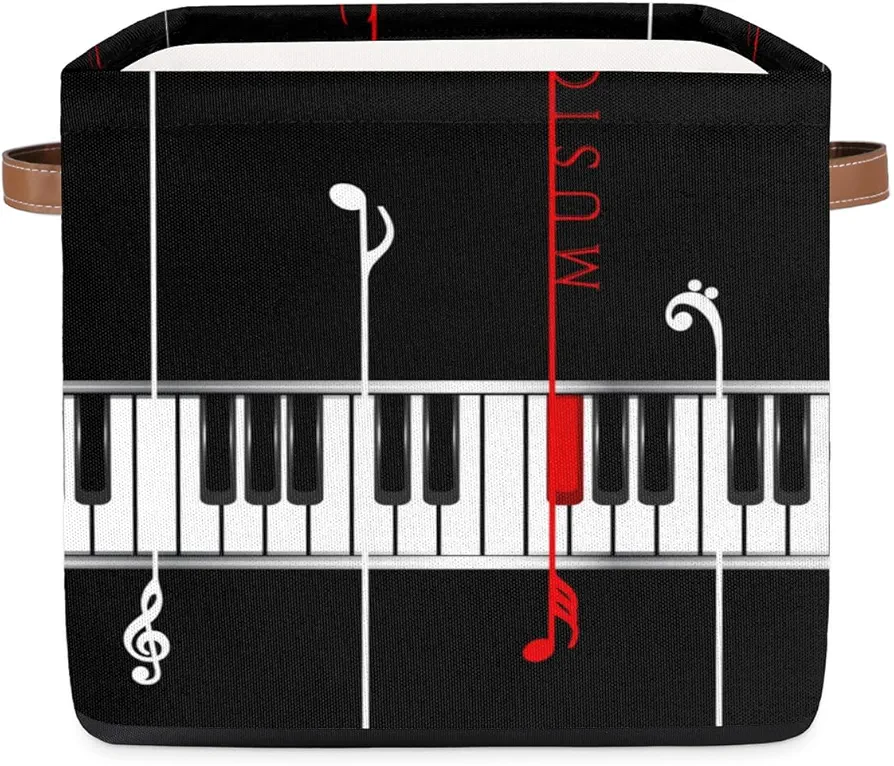 Piano Musical Note Storage Basket Collapsible Fabric Storage Box 13x13x13 Inches Square Cube Storage Bins with Handles Bathroom Laundry Room Closet Storage Bins