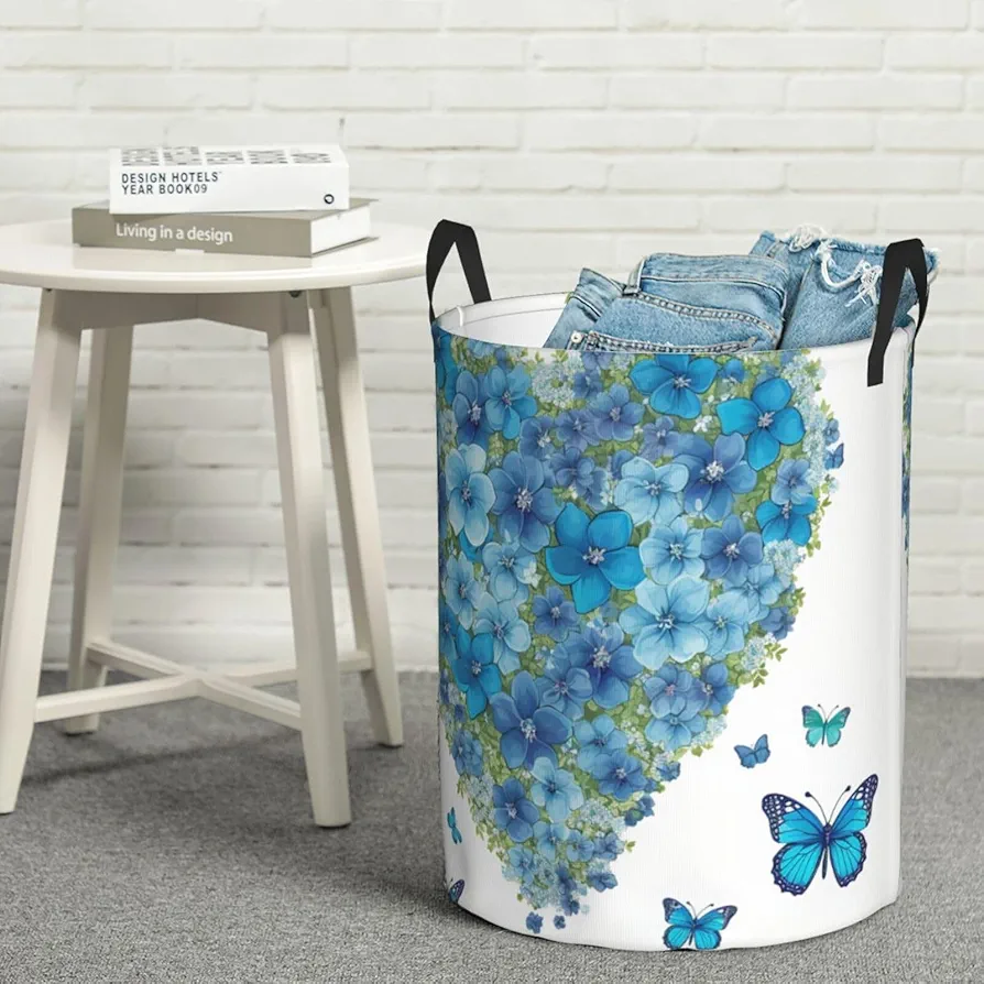 Laundry Basket Waterproof Laundry Hamper With Handles Dirty Clothes Organizer Blue Flowers With Love Heart Shape Print Protable Foldable Storage Bin Bag For Living Room Bedroom Playroom