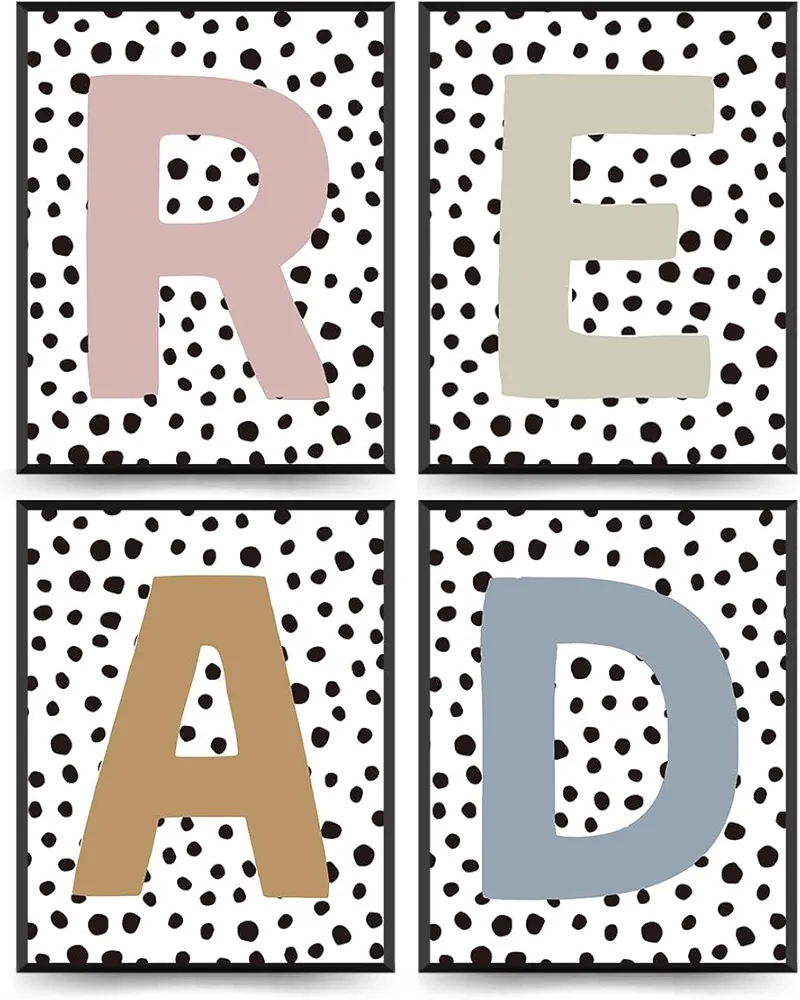 ETVISO Boho Classroom Decor Set of 4, Boho Neutral Read Letters Wall Art Prints, Neutral Black Dots Posters Gifts for Classroom Reading Corner Nook Kids Room Bedroom, 8x10 (Unframed)