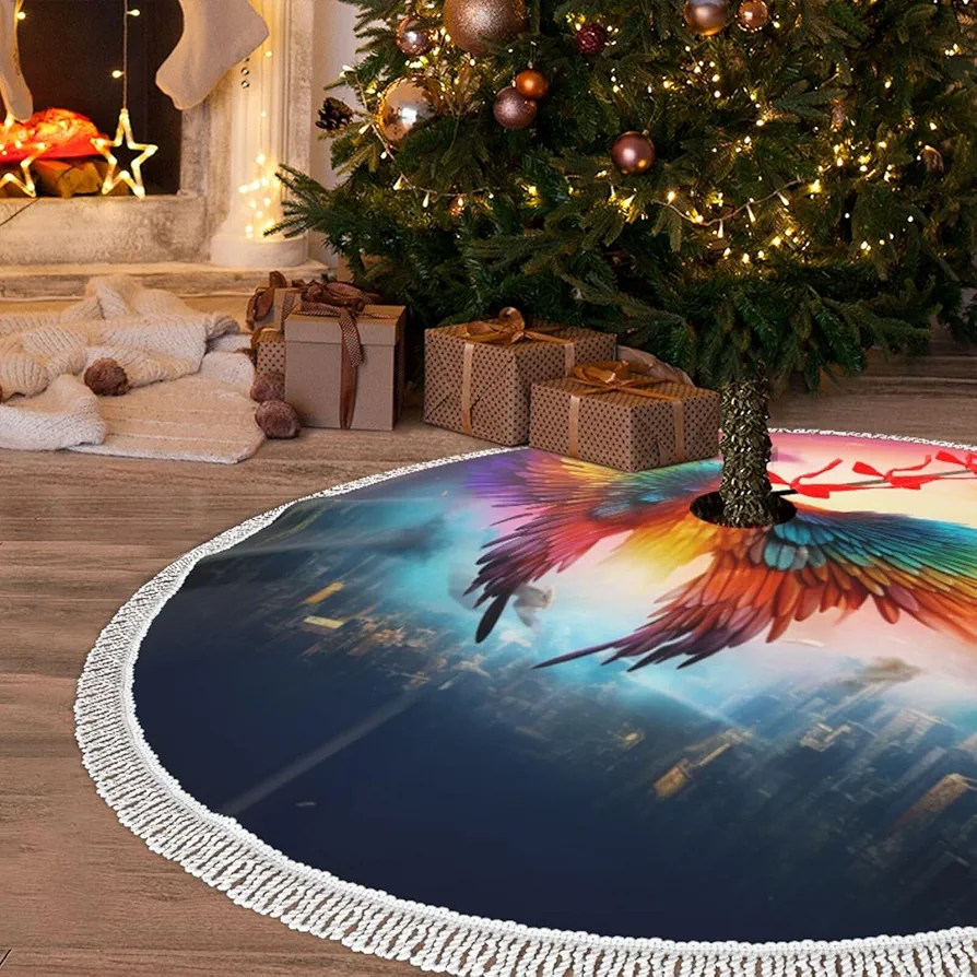 Christmas Tree Skirt with Tassel Colorful Wings 30" Xmas Tree Skirts Tassel Tree Mat Ornament for Home Indoor Outdoor Room Holiday Decoration