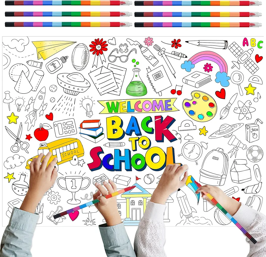 Giant Back to School Coloring Poster with 6 Stacking Crayons, Jumbo First Day of School Party Set Large Wall Art Welcome Banner Coloring Poster Decoration for Primary Classroom, 43x 31Inch