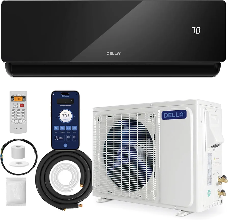 DELLA 12000 BTU Mini Split AC Wifi Enabled Work with Alexa 17 SEER2 Energy Saving Cools Up to 550 Sq.Ft & 1 Ton Pre-Charged Heat Pump Ductless Inverter System (JPB Series with R32 refrigerant)