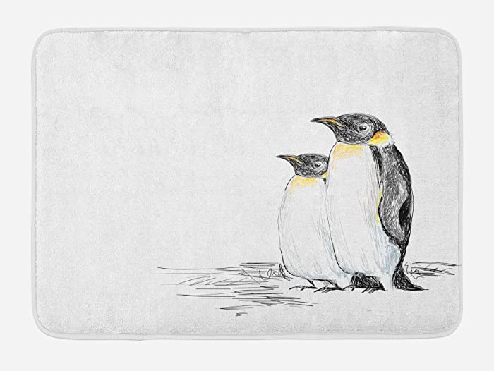 Ambesonne Sea Animals Bath Mat, Hand Drawn Art Penguins Aquatic Flightless Birds Polar South Pole Wildlife, Plush Bathroom Decor Mat with Non Slip Backing, 29.5" X 17.5", Black White