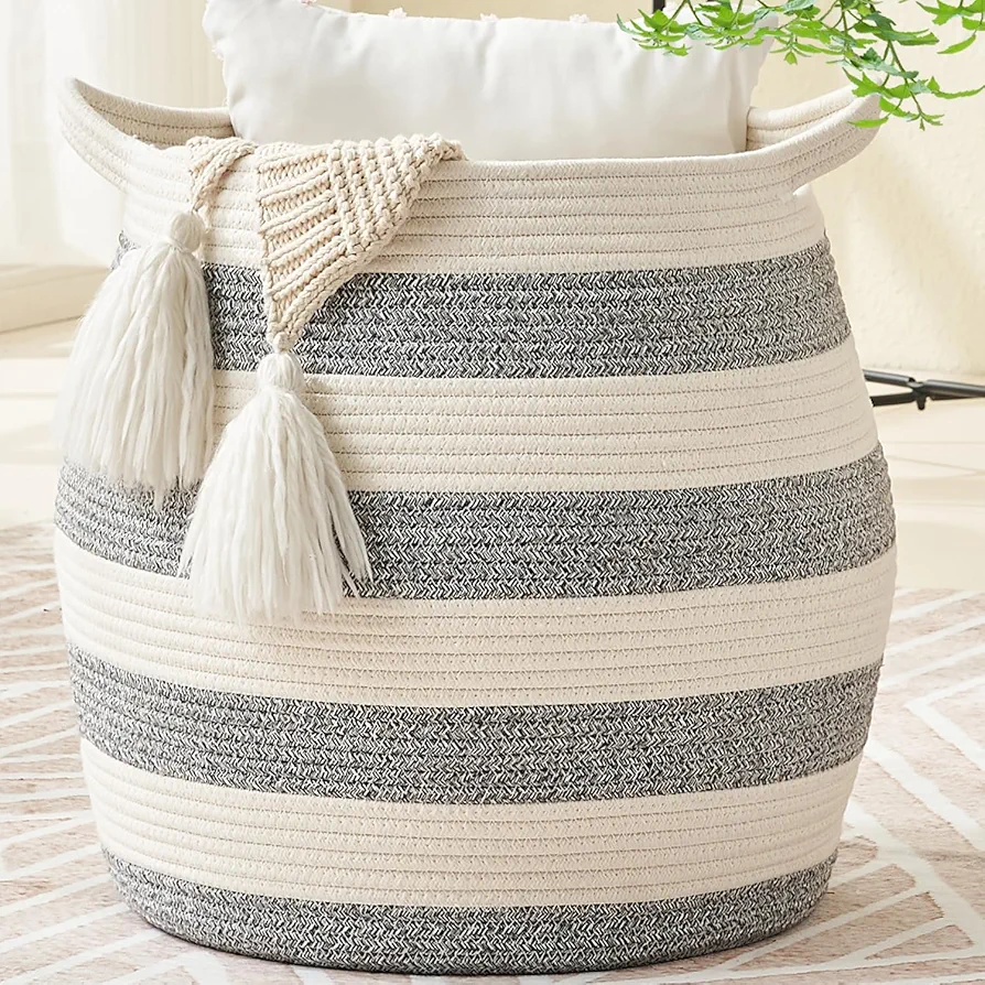 KAKAMAY Woven Baskets for Storage(17"x17"),Large Cotton Rope Basket Woven Baby Laundry Hamper,Collapsible Laundry Basket, Blanket Basket for Organizing Living Room,Nursery,Pillows,Toy Chest(Grey)