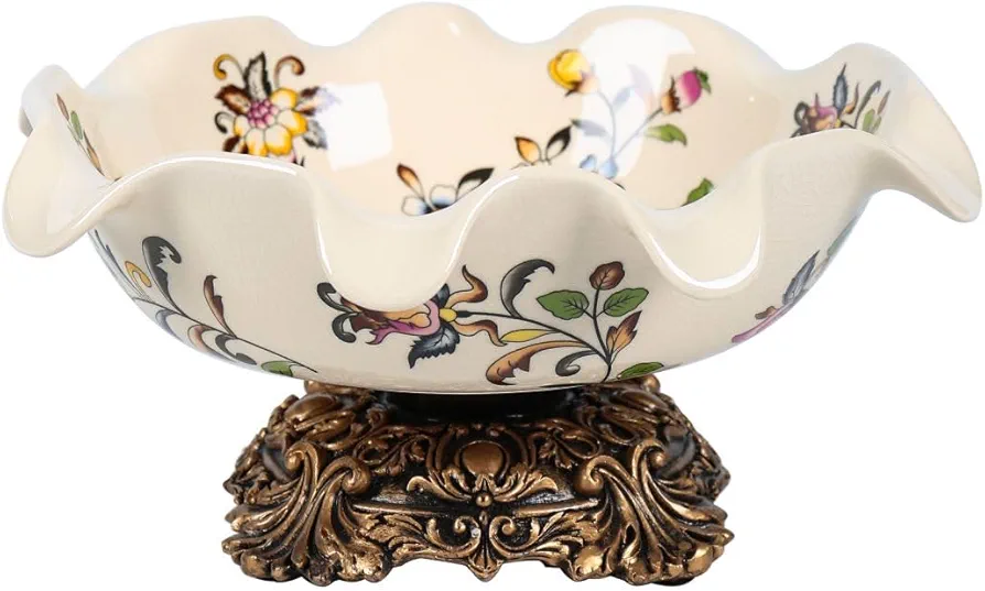 Baroque Floral Pattern Ceramic Decorative Bowl Fruit Tray Ice Cracked Porcelain Fruit Holder Centerpiece Candy Bowl Key Bowl Holder for Kitchen Counter Countertop Home Dining Living Room Decor