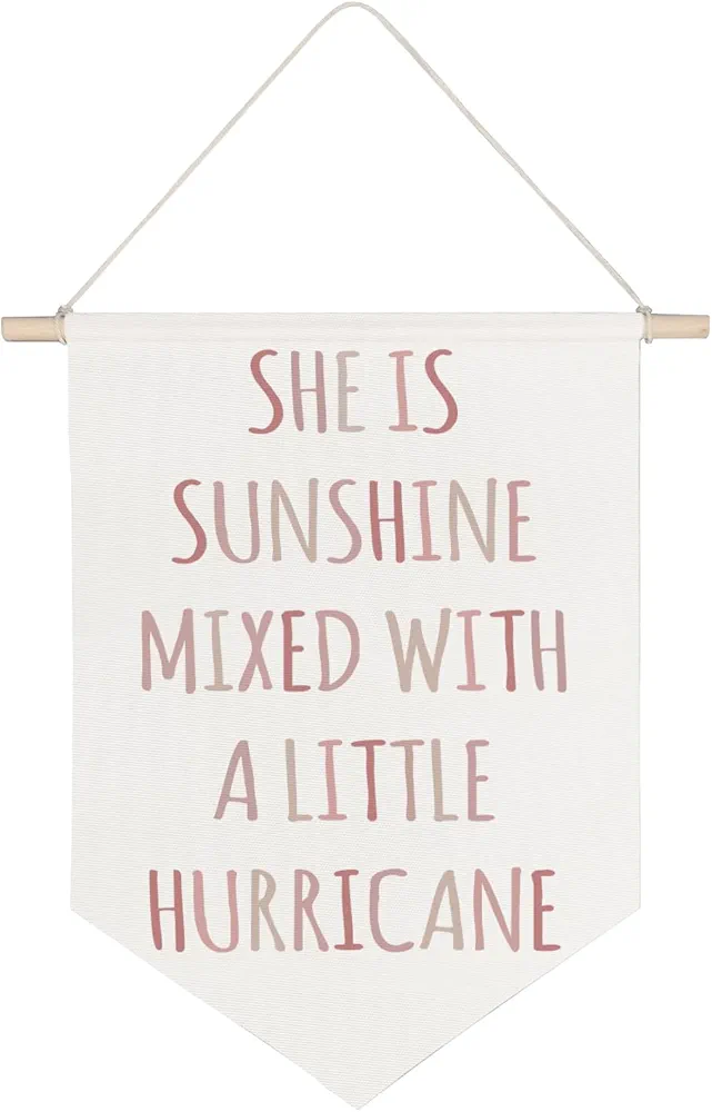 Girls Room Decor,She is Sunshine Mixed with a Little Hurricane,Girl Nursery Decor,Canvas Hanging Pennant Wall Flag for Girlsroom Bedroom Home Nursery