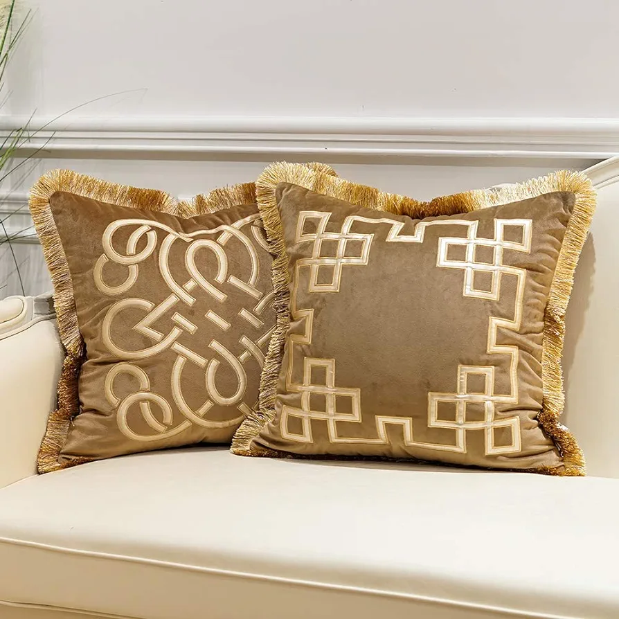 Avigers Pack of 2 Luxury Brown Decorative Pillows with Tassels 20 x 20 Inches Square Chain Velvet Throw Pillow Covers Cushion Cases for Sofa Bedroom Living Room Car 50 x 50cm