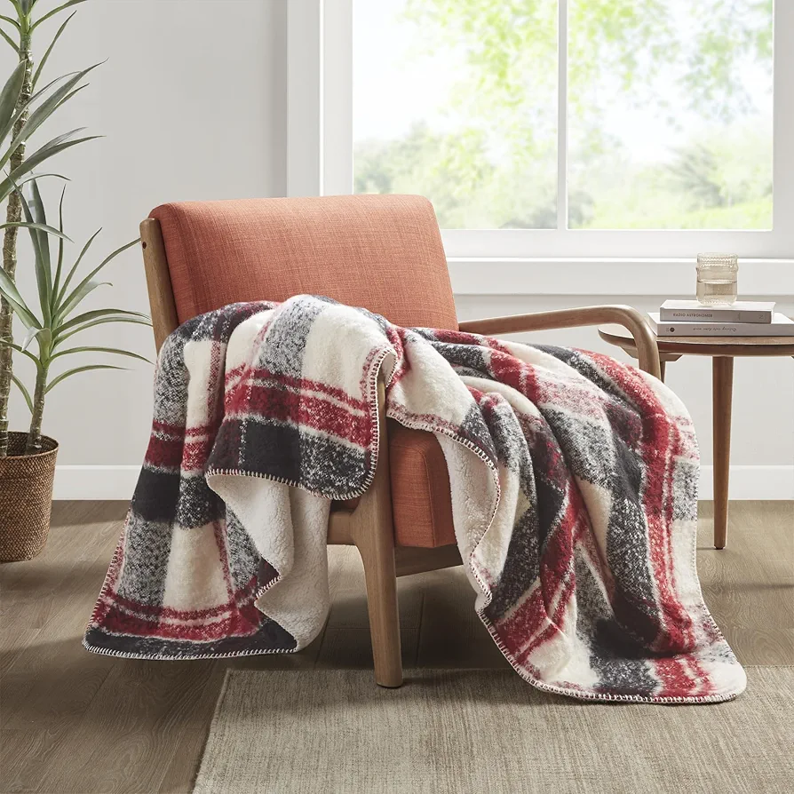 Woolrich Faux Mohair to Sherpa Throw, Classic Plaid Pattern with Whipstitch Accent Blanket Throw, All Seasons, Lightweight Cover, Cottage Style Room Décor Cozy Blanket, Bloomington, 50x60 Red