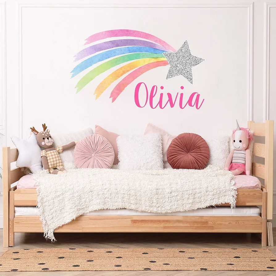 Rainbow Wall Decals - Shooting Star Custom Name Wall Decal - Personalized Name Wall Sticker - Pastel Rainbow Glitter Star Wall Art - Wall Decal for Girls Bedroom Nursery Decor