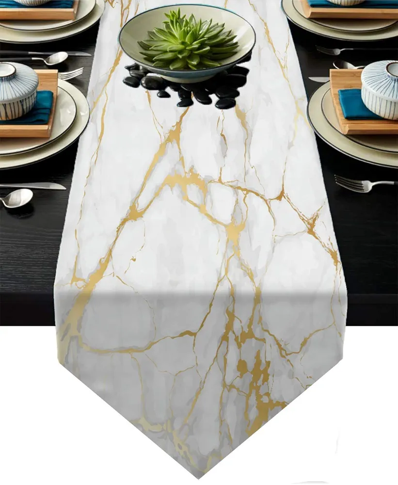 Cotton Linen Table Runner White and Gold Marble Texture Dresser Scarves Table Setting Decor for Dining Room, Farmhouse Kitchen, Holiday Parties 13''x 71''