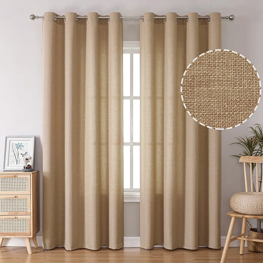 BGment Faux Linen Curtains for Living Room 84 Inch Length 2 Panels Set, Burlap Textured Thick Long Curtains Light Filtering Privacy Window Curtain Drapes with Grommet, 52 Inch Wide Each Panel, Tan