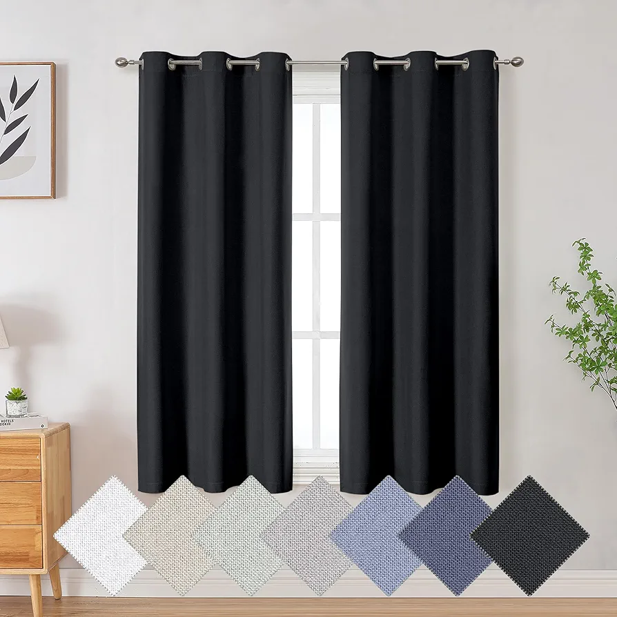 Black 100% Blackout Curtains 54 Inches Long for Bedroom Living Room Black Curtain Textured Curtains & Drapes Room Darkening Thermal Insulated Grommet Top Window Curtain Set 2 Panels, 2x40x54