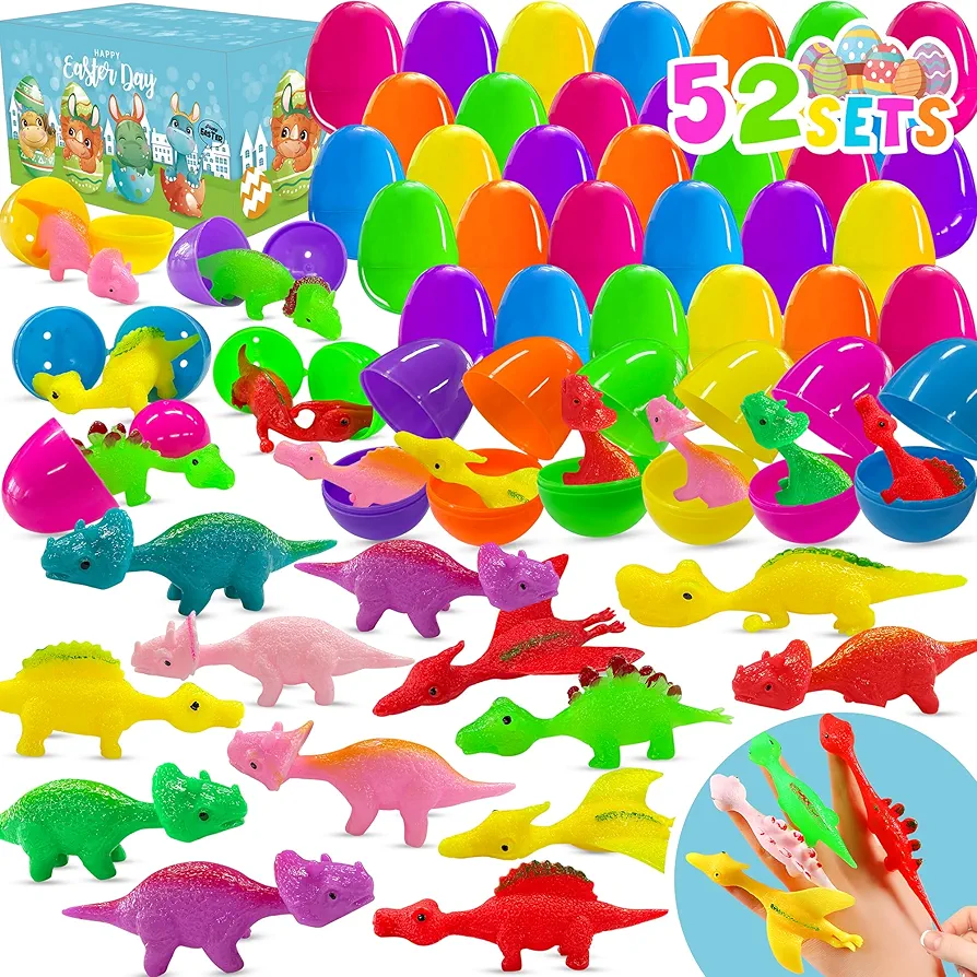 [52 Toys+52 Eggs] Easter Eggs with Toys Inside, Prefilled Easter Eggs With Finger Toys, Slingshot Dinosaur Toys for Easter Party Favor Easter Basket Stuffer Classroom Exchange and Prize Supplies