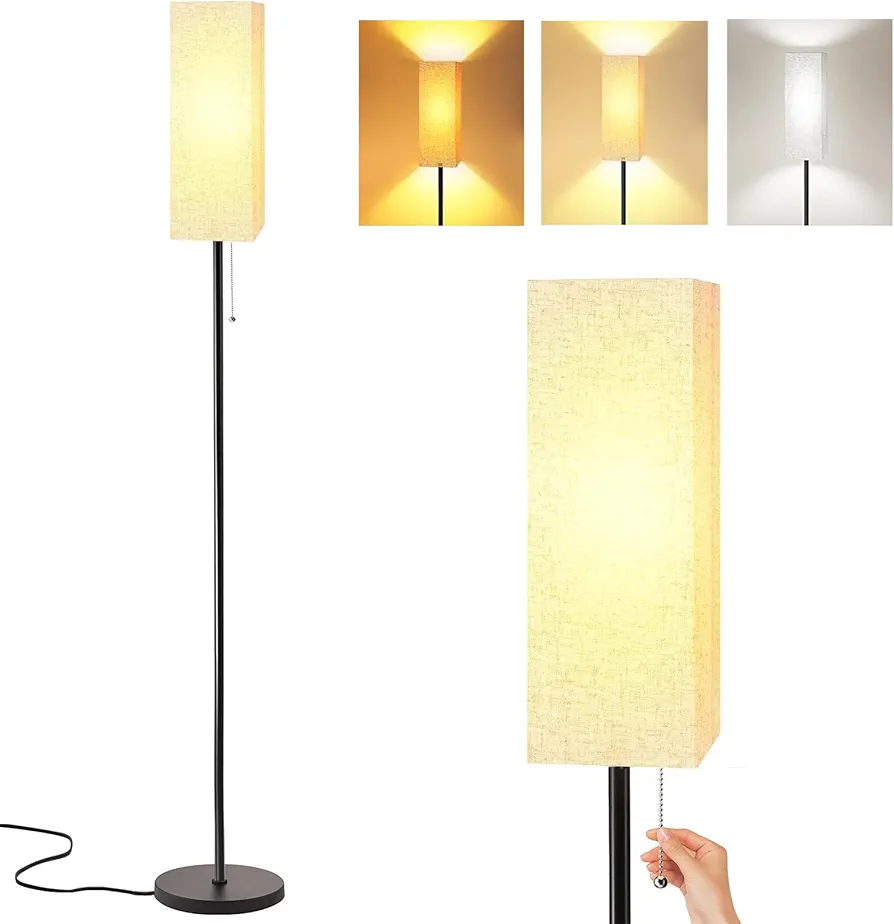 Floor Lamp for Living Room, Black Square Tall Lamps with Pull Chain Switch, Linen Lampshade Decor for Bedroom, 3-Color Temperature E26 LED Bulb Included