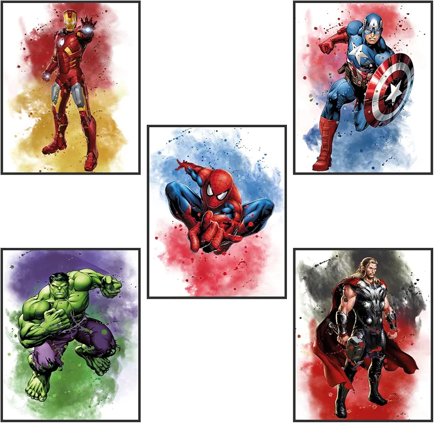 CNG DIGITAL Superhero Posters Superhero Wall Art for Boys Bedroom Set of 5 Unframed (8''x10'') Superhero Room Decor for Boys Watercolor Posters Nursery Decor Poster Kids Room Boys