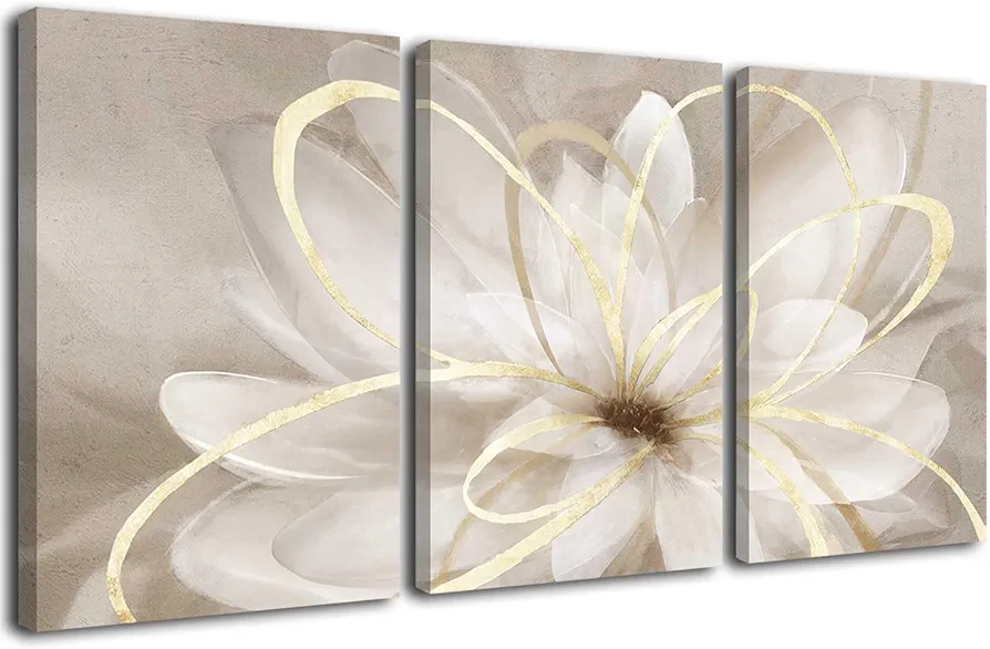 Kureful White Floral Wall Art Maximalist Decor 16"x 24"x 3 Pieces Flower Canvas Painting Wall Decor Gold Picture for Living Room Bedroom Home Decor