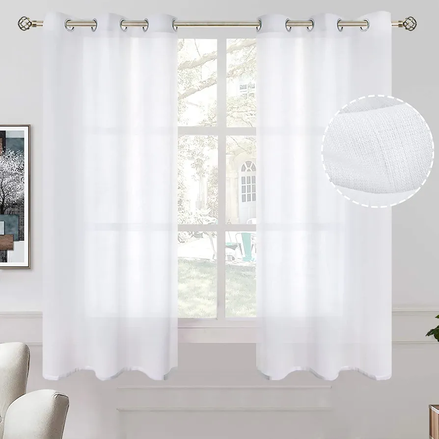 BGment Natural Linen Look Semi Sheer Curtains for Bedroom, Grommet Light Filtering Casual Textured Privacy Curtains for Living Room, 2 Panels (Each 38 x 63 Inch, White)